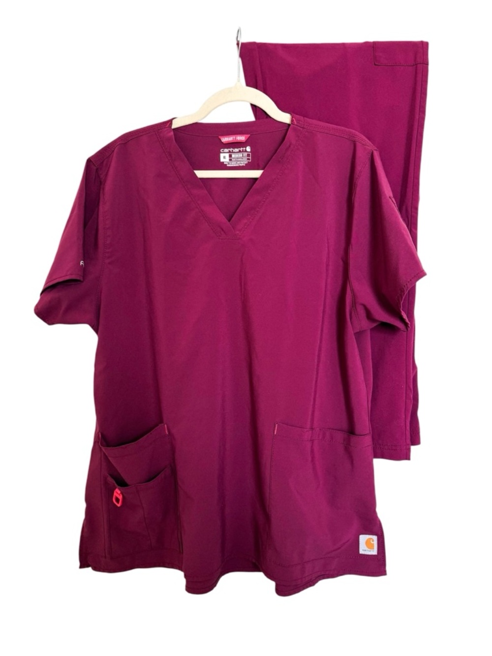 Carhartt Women’s Force Cross Flex V-Neck Scrub Set Maroon with Pink Stitching